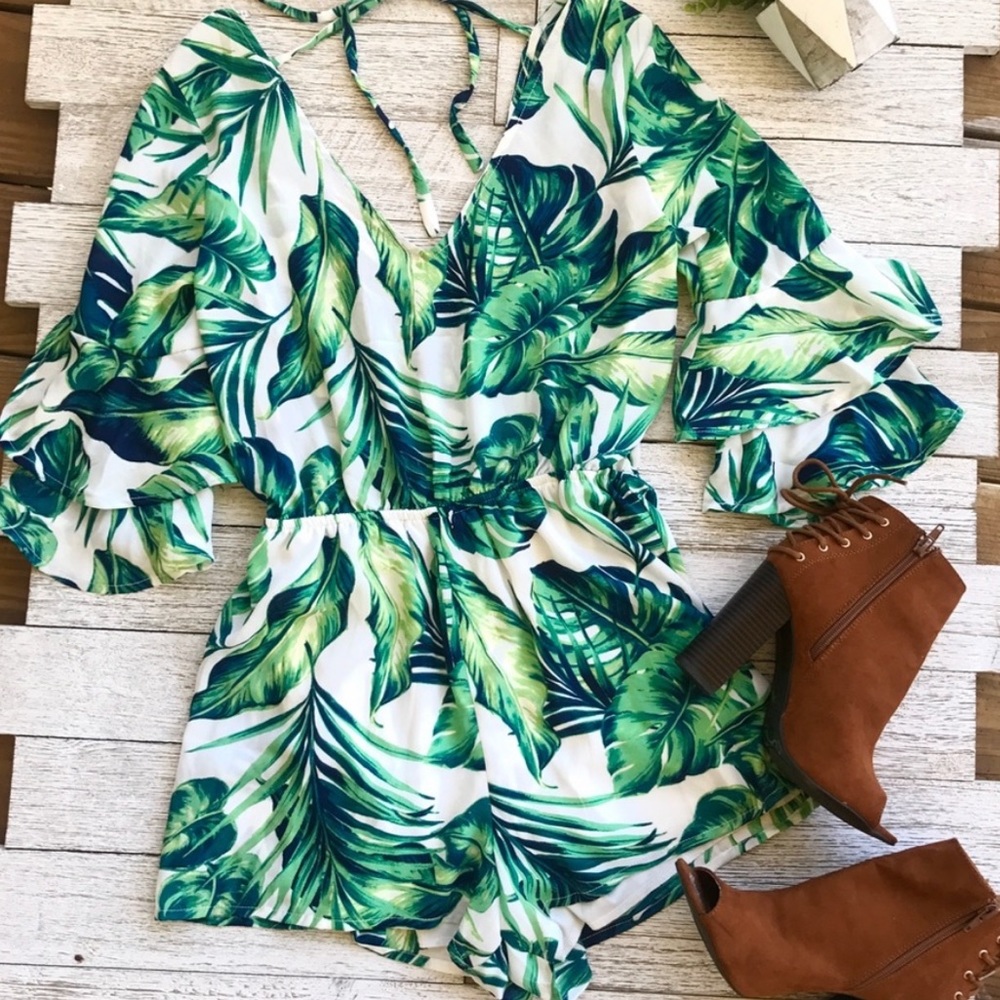 Haute Monde tropical palm leaf romper